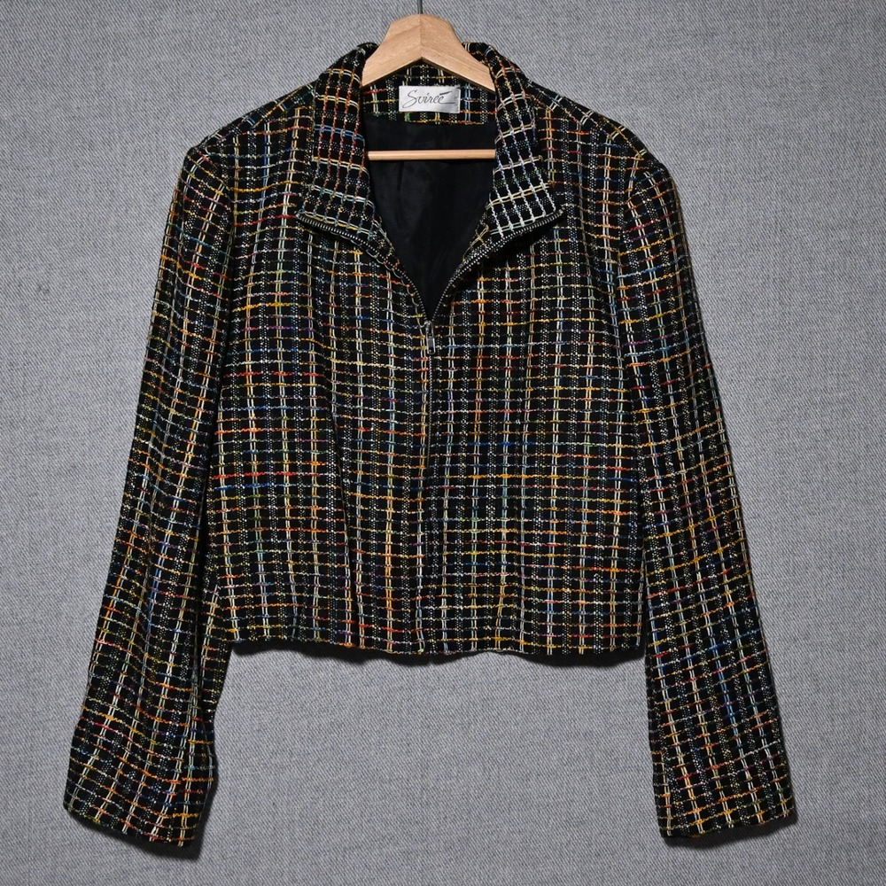 Soiree Silk Handwoven Jacket Womens Vintage Rainbow Grid USA XL Black